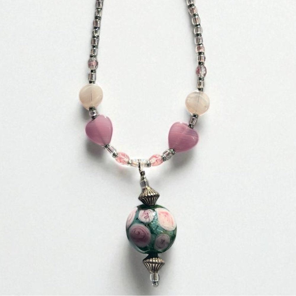 Artisan Venetian Glass Beaded Necklace with Floral Pendant